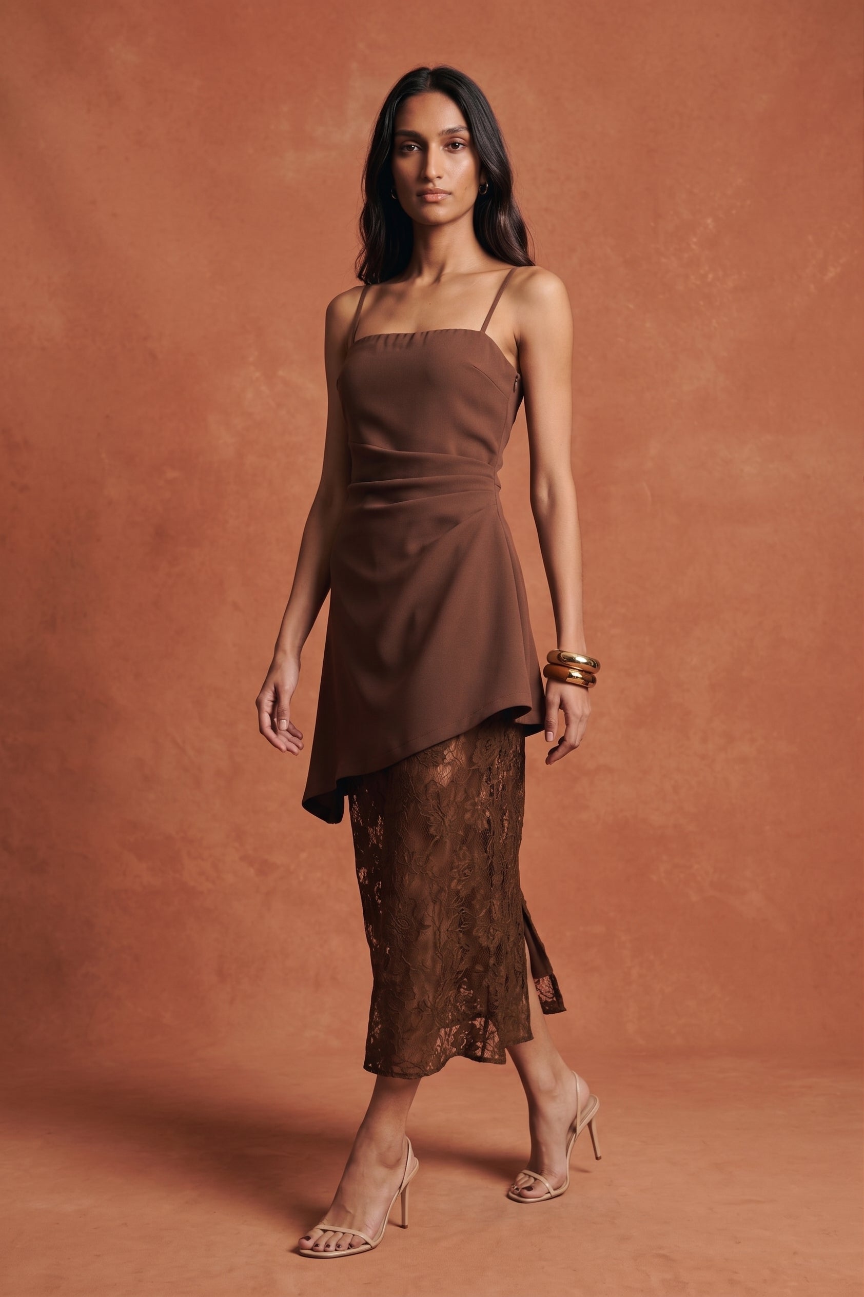 Theia dress in mocha brown